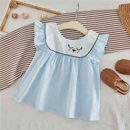 Gooporson Cute Little Girls Costume Cartoon Embroidery Flying Sleeve Shirt Korean Toddler Children Costume Summer Kids Outfits 210715