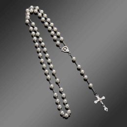 Vintage Rosary Beads Cross Necklace Fashion Crystal Bead Catholic Necklace Religious Virgin Mary Pendant Necklace Jewelry Gift G1206