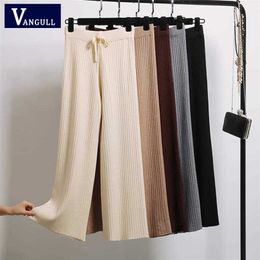 Vangull Spring Autumn Knitted Wide Leg Pant Korean Solid Pit Ankle-length Elastic Waist Lace Up Sweatpants 220115