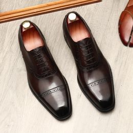 Large Size EUR46 Black / Coffee Brogue Mens Social Shoes Genuine Leather Wedding Dress Shoes