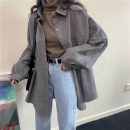 Women corduroy shirt Blouse autumn loose Korean version wild student thin long section long-sleeved jacket office lady top 210526