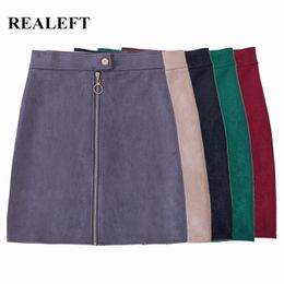 REALEFT New Autumn Winter Women's Suede Mini Skirts Elegant Pencil High Waist Front Zipper Sheath Sexy Wrap Skirts Female 210309