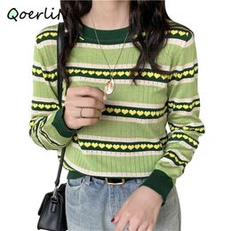 Heart Winter Sweater Pullovers Autumn Chic Long Sleeve Knitted Top Women's Green Love Elastic Knit Harajuku 210601