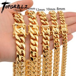 TOPGRILLZ Stainless Steel Gold Color Cuban Chain Faucet button Hip Hop Fashion Jewelry For Gift 6MM/10MM/12MM/14MM/16MM