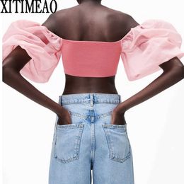 Za Women Sweet Fashion Solid Color Blouses Vintage One Line Collar Off Shoulder Puff Sleeve Female Organza Chic Short Tops 210602