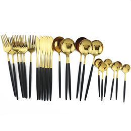 24Pcs Dinnerware Set Stainless Steel Cutlery Set Kitchen Glossy Gold Tableware Set Knife Fork Spoon Black Gold Silverware Sets 210706