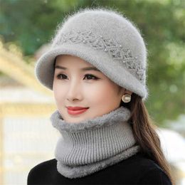 Women Winter Hat Keep Warm Cap & Scarf Set Fashion s For Casual Rabbit Fur Outdoor Knitted Bucket 211119