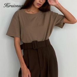 Hirsionsan 100% Cotton T Shirt Women Summer Oversized Solid Basic Tees 9 Colour Casual Loose Tshirt Korean O Neck Khaki Tops 210623