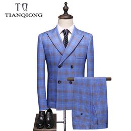 Double Breasted Plaid Suit for Men Light Blue Mens Suits Designers 2019 Terno Slim Fit Masculino Groom Wedding Suit Man X0909