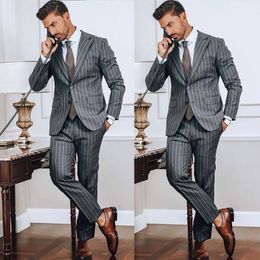 Handsome High Quality Pinstripe Mens Tuxedos Slim Fit Two Pieces Wedding Suits Prom Party Business Outfit (Jacket+Pants)