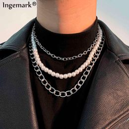 Stainless Steel Chain Necklace Men Women Curb Cuban Link Imitation Pearl Chokers Vintage Silver Colour Fashion Male Jewellery Gift