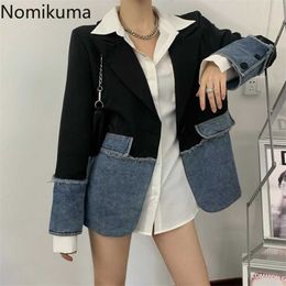 Nomikuma Spring Demin Patchwork Blazers Causal Korean Hit Color Suit Jacket Women Fashion Blazer Coat 6F775 211006
