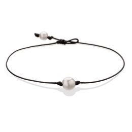 Pearl Single Cultured Freshwater Pearls Necklace Choker for Women Genuine Leather Jewellery Handmade, Black, 14 inches