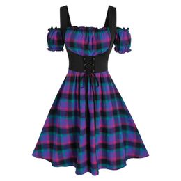 Women Oktoberfest Costume Mini Dress Lace Up Buckle Bavarian Plaid Lace-up Open Shoulder A Line Cosplay Costumes Y0913