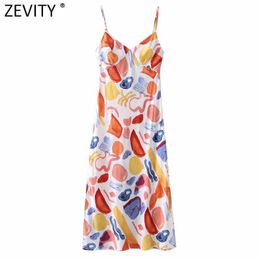 Zevity Women Fashion Graffiti Print Split Casual Sling Dress Female Backless Bow Tied Side Zipper Vestido Chic Dresses DS8382 210603