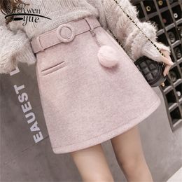 Women's Kitty Woolen Mini Skirts Autumn Winter New A-Line Above Knee Belted Short Skirt High Waist Slim Korean Faldas Mujer 7166 210310