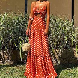 Polka Dots Long Sundress 2021 New Summer Women Sexy Hollow Out Sleeveless V-Neck Dresses Beach Dresses Casual Vacation Clothes Y1006