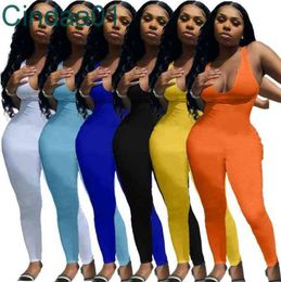 Women Jumpsuits Designer Onesies Slim Sexy Summer Rompers Suspender Vest Deep V-neck Elastic Small Pit Strip Legging Bodysuits 6 Colours