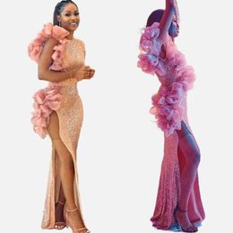 Aso Ebi Sparkly Sequined Sheath Prom Dresses Side High Split Floor length Rose Pink Long Pageant Cocktail Party Dress One Sleeve Jewel Neck Ruffle Evening Gowns