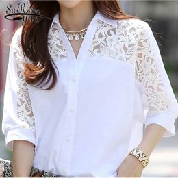 Plus Size Blouse Ladies Tops Blusas Mujer De Moda New Cotton Linen White Blouse Women Fashion Hollow Lace Women Shirts 2589 50 210225