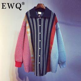 IEQJ Spring Autumn New Pattern Lapel Long Sleeve Hit Colours Striped Patchwork Single Breasted Knitting Sweater Women AK008 210225