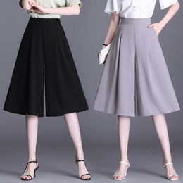 Summer Elastic Waist Calf-Length Wide Leg Pants Korean Fashion Casual Pantalon Pour Femme Elegant All Match Pantalones De Mujer Q0801