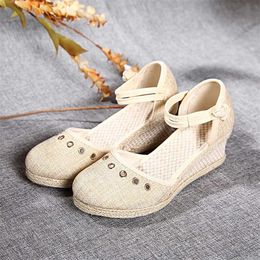 Veowalk Bohemian Summer Women Linen 6cm Wedge Espadrilles Sandals Handmade Ankle Strap Close Toe Ladies Casual Platform Shoes Y0721