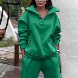 Autumn Women Tracksuit Plus Fleece Sweatshirts Two Piece Set Casual Oversized Solid Female Sports Hoodie Suit Long Pant Sets 220315