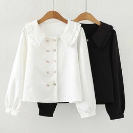 Placket Button Long Sleeve Loose Female Kawaii Blouses Women casual office Blouse Turn-Down Collar Sweet Shirt Tops 210604