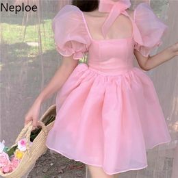 Casual Dresses Neploe Sweet Cute Woman Dress Square Collar Puff Sleeve Robe Slim Waist Gauze Pompous Bow Sexy Backless Vestidos Mujer