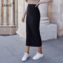 Black Knitted Midi Skirt For Women High Waisted Autumn Winter Clothing Vintage Elegant Ladies Long Straight Wrap Skirts 210311
