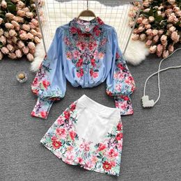 Fashion Women's Printing Contrast Colour Long Sleeve Shirts Tops + High Waist Wide Leg Shorts Two Piece Sets S722 210527