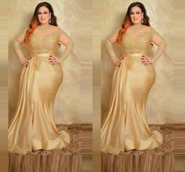 Champagne Gold Mermaid Evening Dresses 2022 Sheer O-neck Lace Stain Plus Size Long Sleeves Occasion Prom Mother Formal Dress