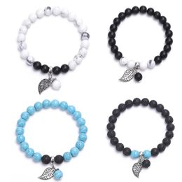 Natural Semi-Precious Gemstones Beads Turquoise and Howlites Bracelet for Women Leaf Charm Stretch Bracelets