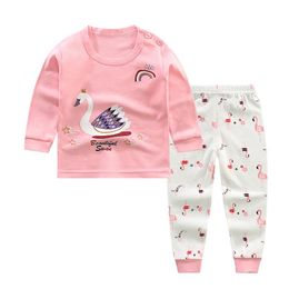 Одежда наборы 100% хлопок 6m-4t Девчонки пижама наряд с длинным рукавом детская детская одежда для сна, розовая малыша, осенняя одежда 2021