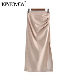 KPYTOMOA Women Chic Fashion With Draped Front Slit Linen Midi Skirt Vintage High Waist Back Zipper Female Skirts Mujer 210619