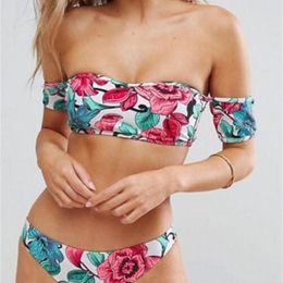 Women's Swimwear Sexy Floral Printed Push Up Bra Short Sleeve Swimsuits Women 2021 Summer Bandeau Bikini Set Bathing Suits Femme