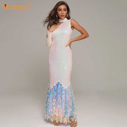 Autumn One-Shoulder Sequined Bodycon Dress Sexy High-Neck Hollow Long-Sleeved Celebrity Club Party Vestidos 210527