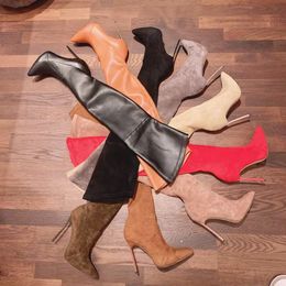 Luxury Designer Thigh-High Boots Classic Pure Color Pointed Toe Slip On Elastic Sexy Thin High Heels Shoes Fashion Multicolor Women Stiletto Over The Knee Booties