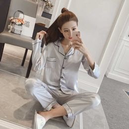 2023 Women Silk Pyjamas Girls Pijamas Suit Satin Nightdress Pyjama Autumn Comfortable Long Sleeve Tops Pants Set Plus Size A66 Q0706