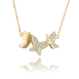 925 Sterling Silver Color Bling Iced Out CZircon Three little Butterflies Pendant Necklaces For Women Beautiful Hip hop Jewelry