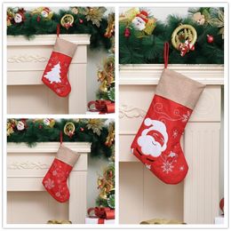 Christmas Stocking Santa Claus Candy Bag Linen Xmas Tree Sock Hanging Ornaments Snowflake Pattern Party Decoration Merry Festival Gift Pendant