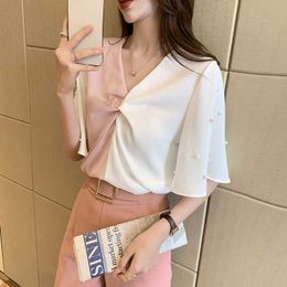 Fashion Woman Tops Short-sleeved Blouses OL Style Colour Matching Pearl Shirt Summer Women Shirts V-Neck Female Clothing 210604