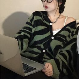 autumn and winter Japanese green zebra pattern Single Breasted knitted cardigan sweater V-neck long-sleeved women 211011