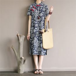Republic of China style women's dress with improved retro buckle dress summer short sleeve long 210309