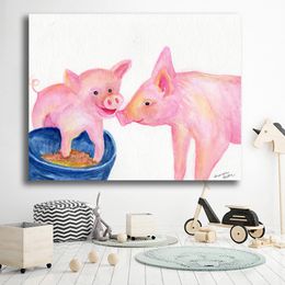 Cartoon Decoration Painting Wall Art Cute Pink Pigs Parent-child Pictures Home Kid's room Decor Print on Canvas No Frame