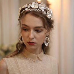 Big Floral Bridal Crown Hair Tiara Silver Color Leaf Wedding Headpiece Handmade Women Party Prom band Jewelry 211019