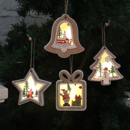 NEWWooden LED Christmas Tree Ornament Santa Claus Snowman Decoration Hanging Ornaments With Light Xmas Star Bell Shaped Decorations LLE9096