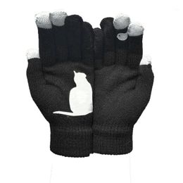 -Fünf Finger Handschuhe Damen Wollkatze Drucken Ski Radfahren Werkzeug Herbst und Winter Outdoor Warme Hundeknochen