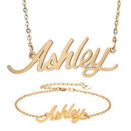 Earrings & Necklace Fashion Stainless Steel Name + Bracelet Set " Ashley Script Letter Gold Choker Chain Pendant Nameplate Gift